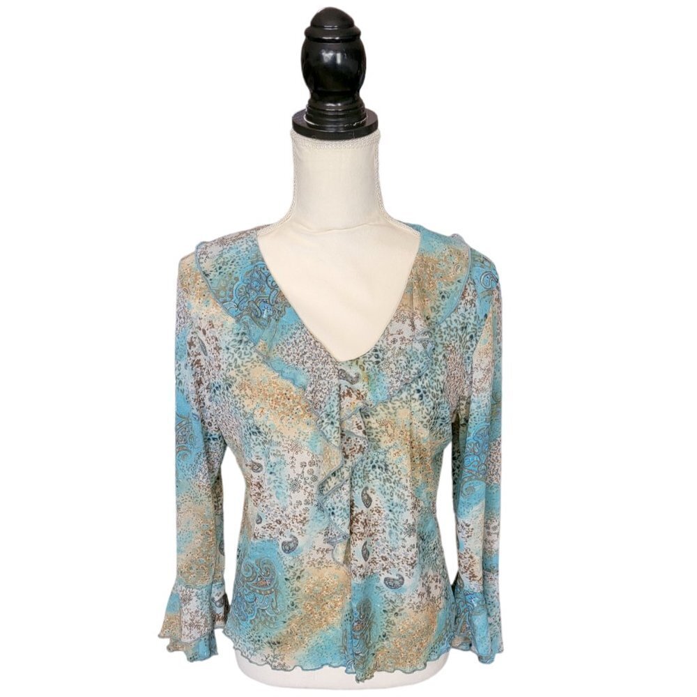 New‎ York Design Company Teal Ruffled Long Sleeve Sheer Blouse in Size Large